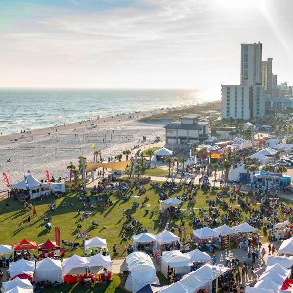 aerial view of the annual national shrimp festival on the beach in Gulf shores